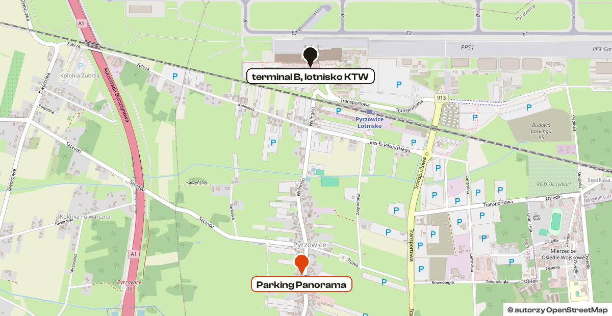 Mapa: Parking Panorama przy ulicy Wolności 39 w Pyrzowicach i terminal B lotniska Katowice, około półtora kilometra na północ